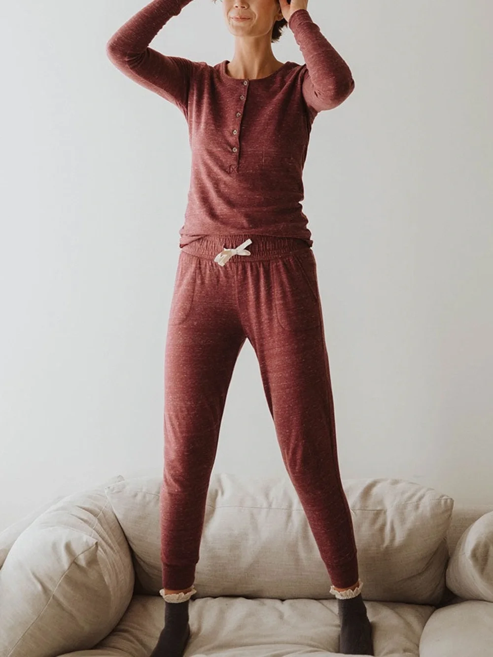 Albion Fit Cabin Fever Pajama Lounge Set Sz Medium Heather Maroon Henley Joggers